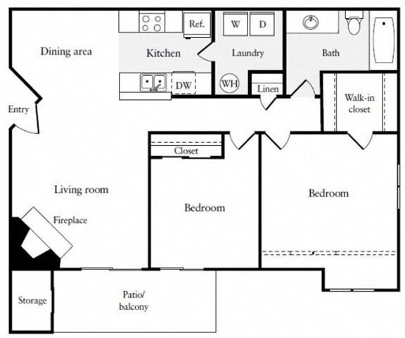 Floor plan for 2 beds, 1 bath, 805 sqft